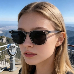 Chic square gray transparent polarized sunglasses for women in an outdoor mountain setting