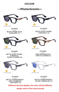 Detail of square photochromic sunglasses in various colors and styles for outdoor wear
