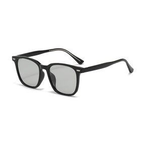 Classic black square polarized sunglasses with gray lenses and silver metal rivets