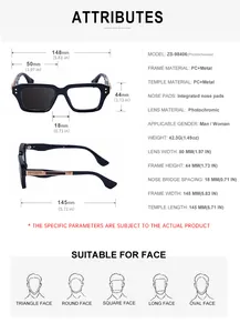 Detailed size chart for square photochromic sunglasses with frame and lens dimensions