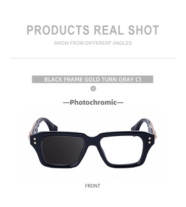 Front view of black square photochromic sunglasses with gold rivets and darkening lenses