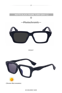 Macro view of matte black square frame photochromic sunglasses with side wave texture