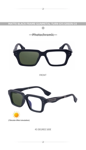 Detail view of photochromic square sunglasses showing matte black frame and G15 green lenses