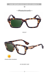 Detail of square photochromic sunglasses showing dark brown frame with G15 lens effect