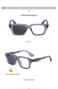 Detail of square photochromic sunglasses in matte gray showing front and 45-degree angles