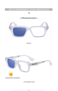 Detail of photochromic sunglasses with matte frames changing from clear to blue