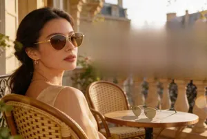 Détail de lunettes de soleil œil de chat dorées avec verres polarisés au coucher du soleil