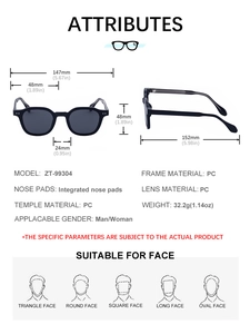 Spécifications détaillées de taille et matériaux des lunettes de soleil carrées