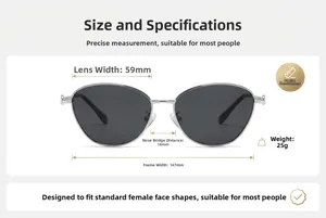 Diagramme technique avec dimensions détaillées pour lunettes de soleil œil-de-chat