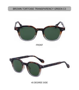 Vue détaillée de lunettes de soleil carrées rétro écaille et verres verts foncés