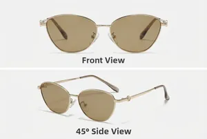 Vues de face et de profil à 45 degrés de lunettes de soleil œil-de-chat dorées avec verres bruns