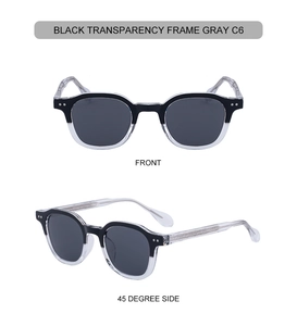 Détail de lunettes de soleil carrées avec monture noire et transparente et verres gris