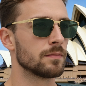 Lunettes de soleil polarisées carrées pour hommes avec monture en métal doré et verres verts