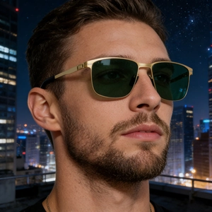 Détail de lunettes de soleil carrées polarisées avec branches en métal doré sur modèle