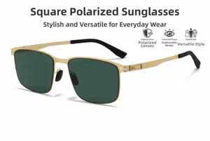 Détail de lunettes de soleil polarisantes carrées avec monture en métal doré et verres gris