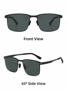 Vue détaillée de face et à 45 degrés des lunettes de soleil carrées polarisées en nylon noir