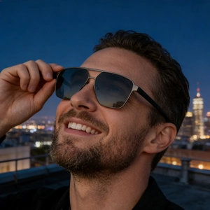 Men's retro square aviator sunglasses with double bridge metal frame on male model
