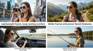 Close-up of polarized square sunglasses with double bridge design for outdoor and driving