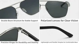 Detail view of polarized square pilot sunglasses showing hinges and double bridge design