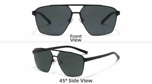 Front and side view of black metal double-bridge pilot sunglasses with dark lenses