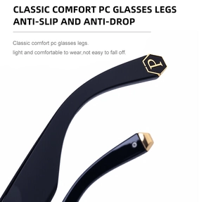 Détail de la branche de lunettes noire avec embout doré logo P et design antidérapant