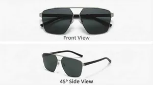 Front and 45-degree side views of silver metal square polarized sunglasses for men