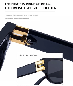 Détail des charnières en métal doré sur lunettes de soleil carrées noires avec branches