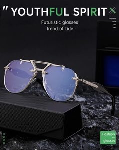 Close-up of steampunk rimless sunglasses with silver double bridge and blue light lenses