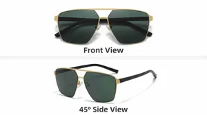 Front and 45-degree side view of pilot sunglasses with gold metal frame and dark lenses