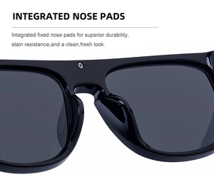 Détail des plaquettes de nez intégrées sur les lunettes de soleil carrées noires