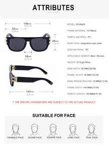 Tableau détaillé des tailles et spécifications pour ces lunettes de soleil carrées