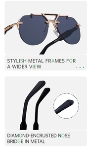 Detail of steampunk rimless sunglasses showing golden metal bridge and non-slip temple tips