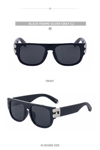 Détails de lunettes de soleil carrées noires avec branches en métal argenté évidé