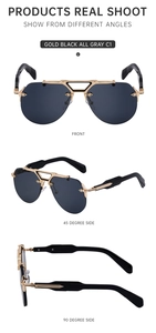Three-angle product view of rimless steampunk sunglasses in gold and black finish