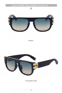 Détail de lunettes de soleil carrées noires avec pont doré et verres dégradés