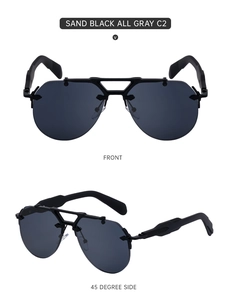 Front and 45-degree side view of matte black steampunk frameless aviator sunglasses