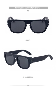 Détails de lunettes de soleil carrées noir mat avec verres gris et branches ajourées