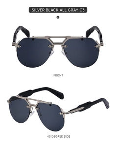 Detail view of steampunk rimless sunglasses featuring silver-black metal frame and gray lens