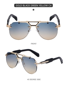 Steampunk rimless aviator sunglasses with gold metal frame and gradient blue-orange lenses