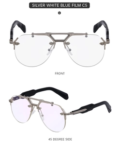 Steampunk rimless sunglasses with silver metal frame and blue reflective film lens C5