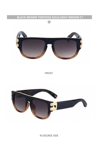 Vue détaillée de lunettes de soleil carrées dégradées marron noir avec accents dorés