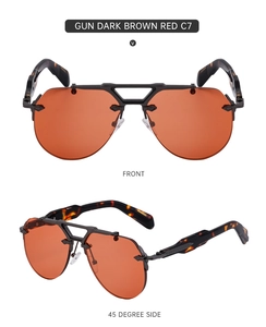 Front and side view of steampunk rimless aviator sunglasses with red lenses and gunmetal frame