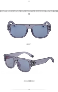 Détails de lunettes de soleil carrées gris mat translucide avec verres bleu-gris