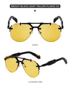 Macro front and side views of steampunk rimless sunglasses with light yellow tinted lenses