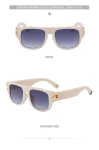 Détails de lunettes de soleil carrées crème avec accents dorés et verres gris dégradés