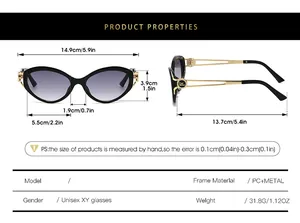 Detailed size chart for cat eye sunglasses featuring frame dimensions and PC metal material