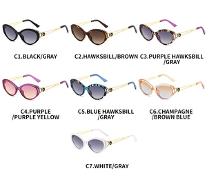 Detailed view of cat eye sunglasses in seven color variants with hollow metal temples