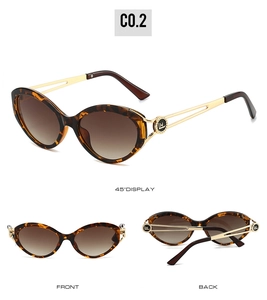 Detailed multi-angle views of tortoiseshell cat eye sunglasses with gold hollow metal temples