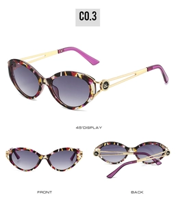 Detailed view of cat-eye sunglasses with tortoiseshell frames and hollow metal temples