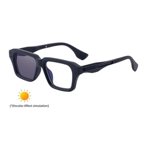 Square photochromic sunglasses with black frames showing lens discoloration effect